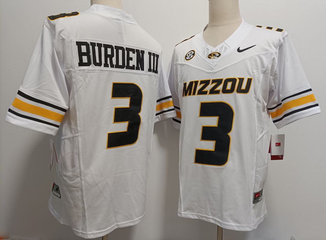 Men Missouri tiger #3 Burden iii White Nike 2025 NCAA Jersey